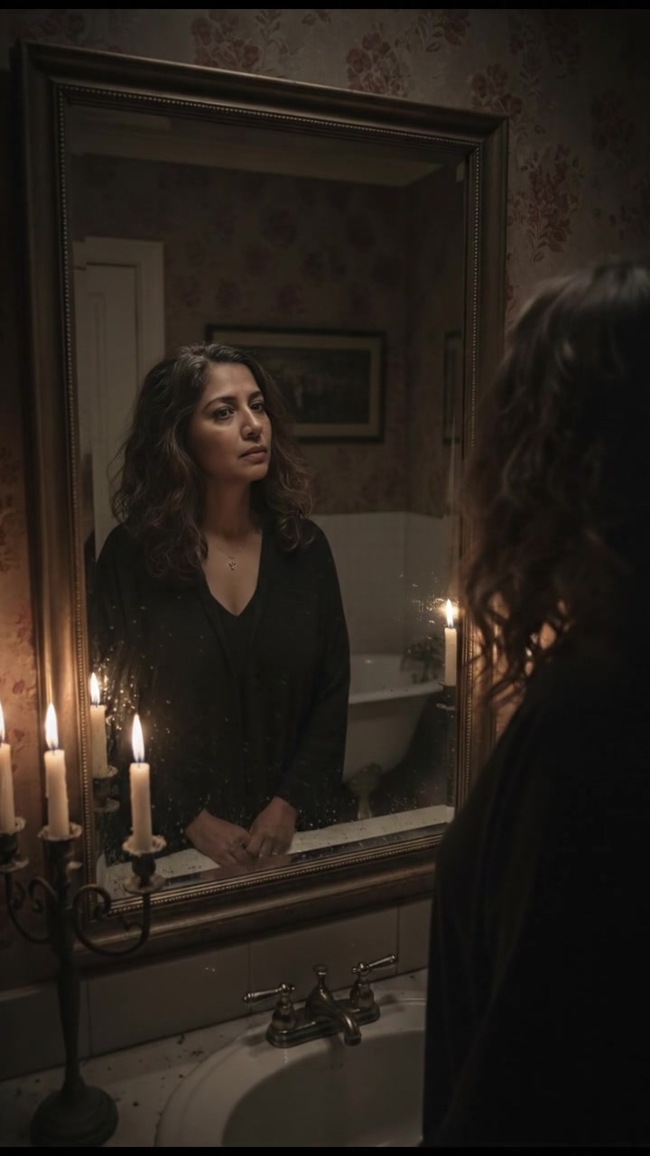 Asha looking at her reflection in a bathroom mirror, the room illuminated by soft lighting.