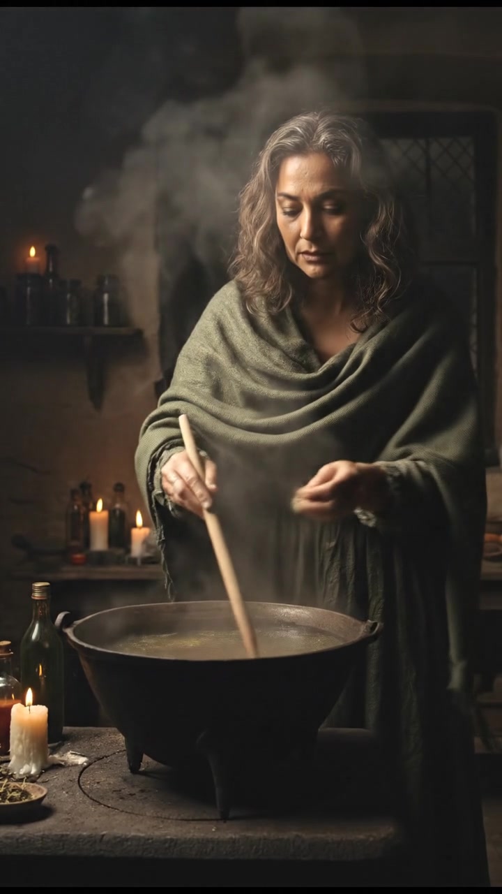 Asha stirring a cauldron on the stove, smoke swirling, various herbs and ingredients spread around her.