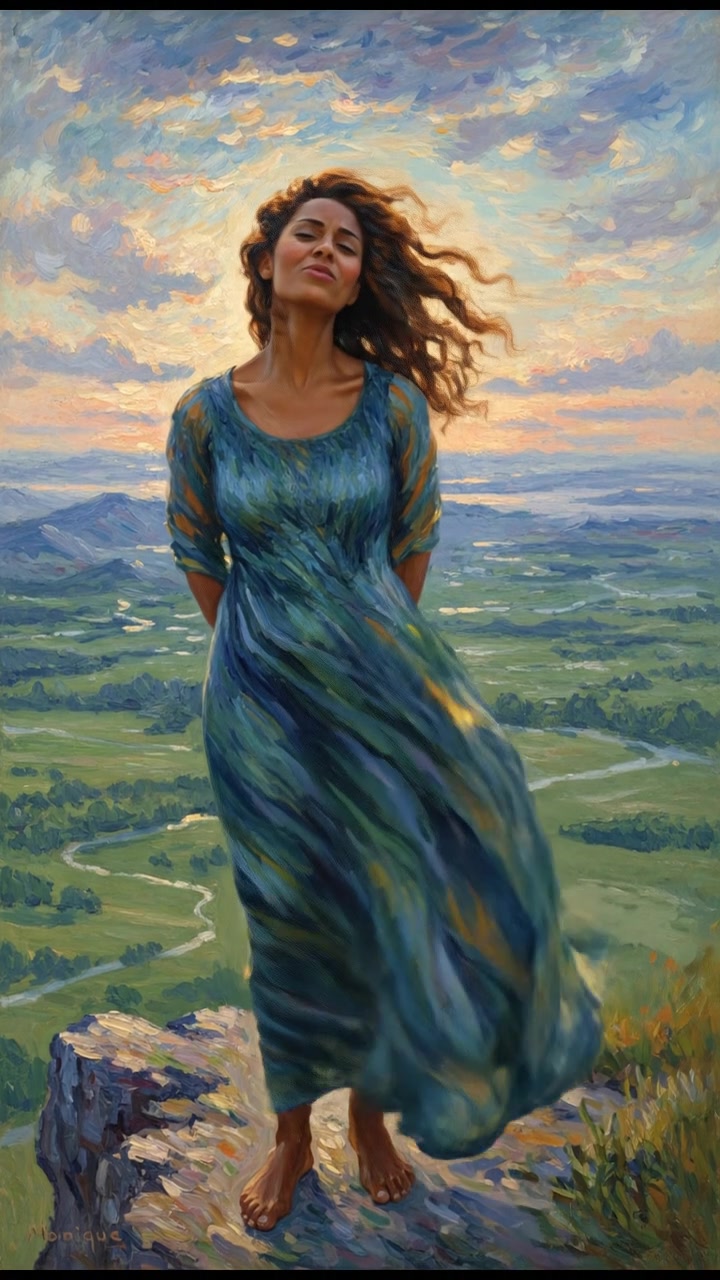 A woman standing strong on a cliff, wind in her hair, overlooking a vast landscape smiling and singing