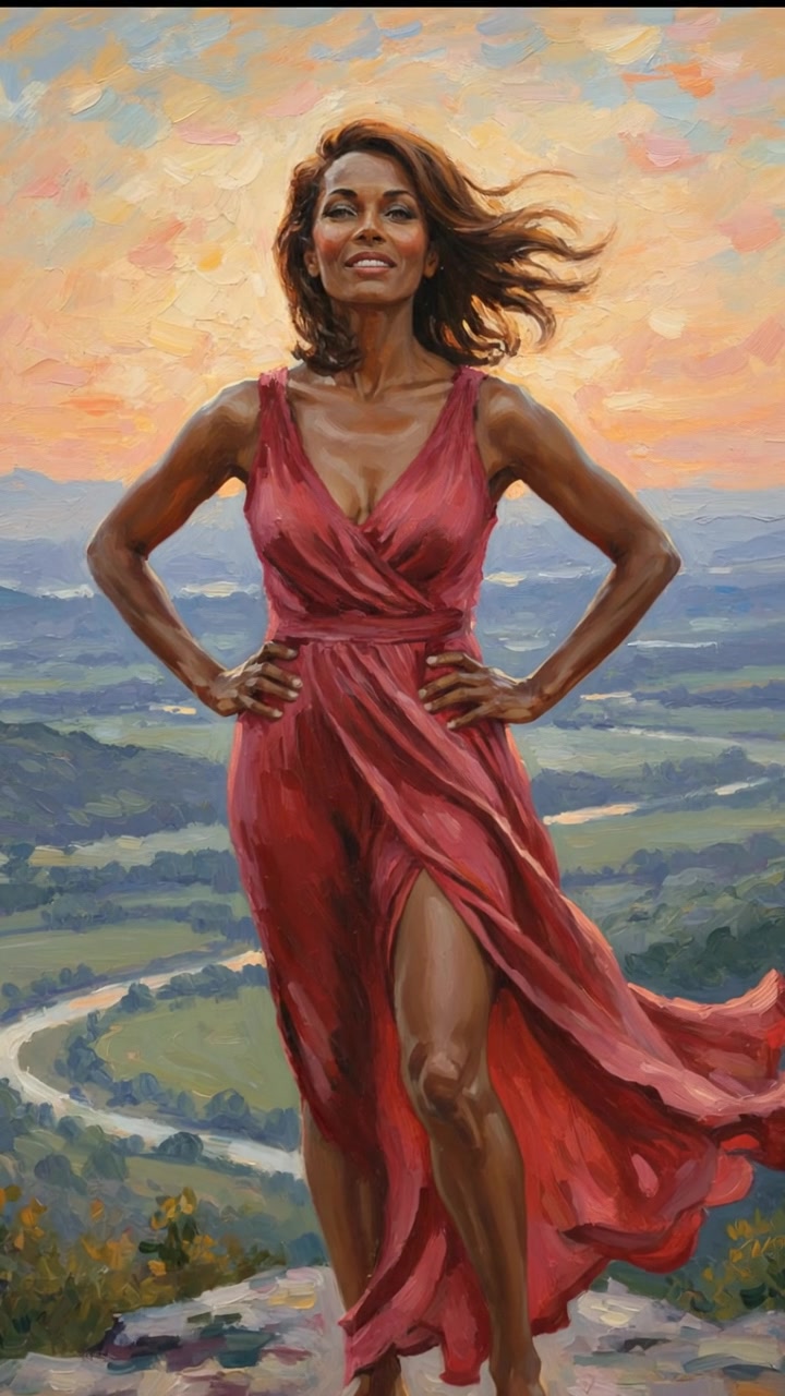 A sexy woman standing strong on a cliff, wind in her hair, overlooking a vast landscape smiling feeling confident