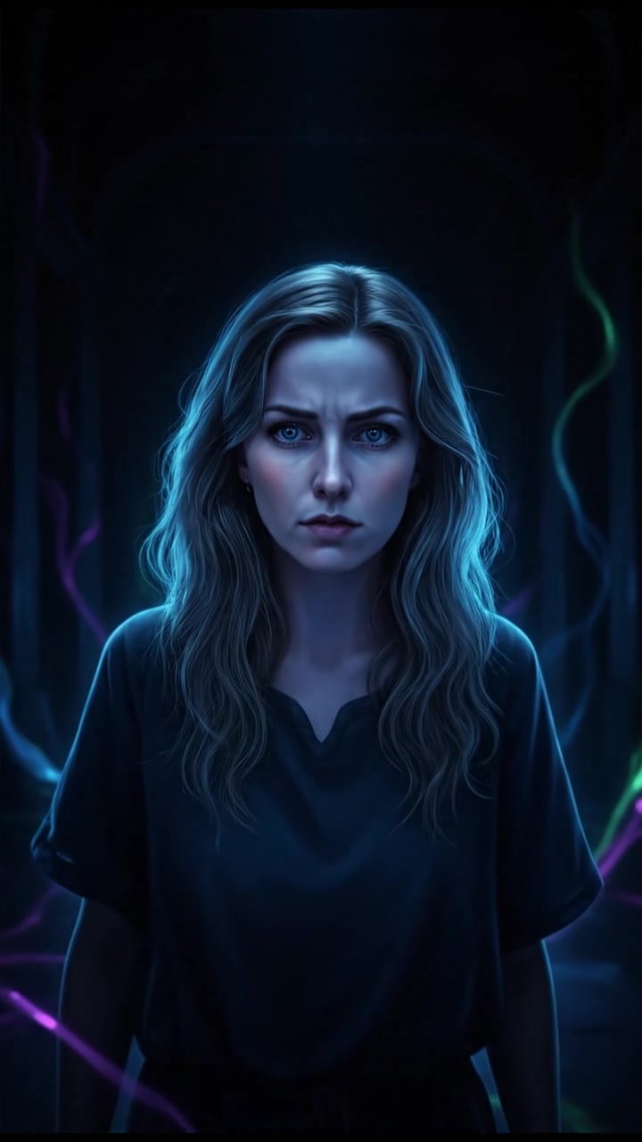 Ashley stands alone in a dimly lit room, her expression pensive as she listens intently.