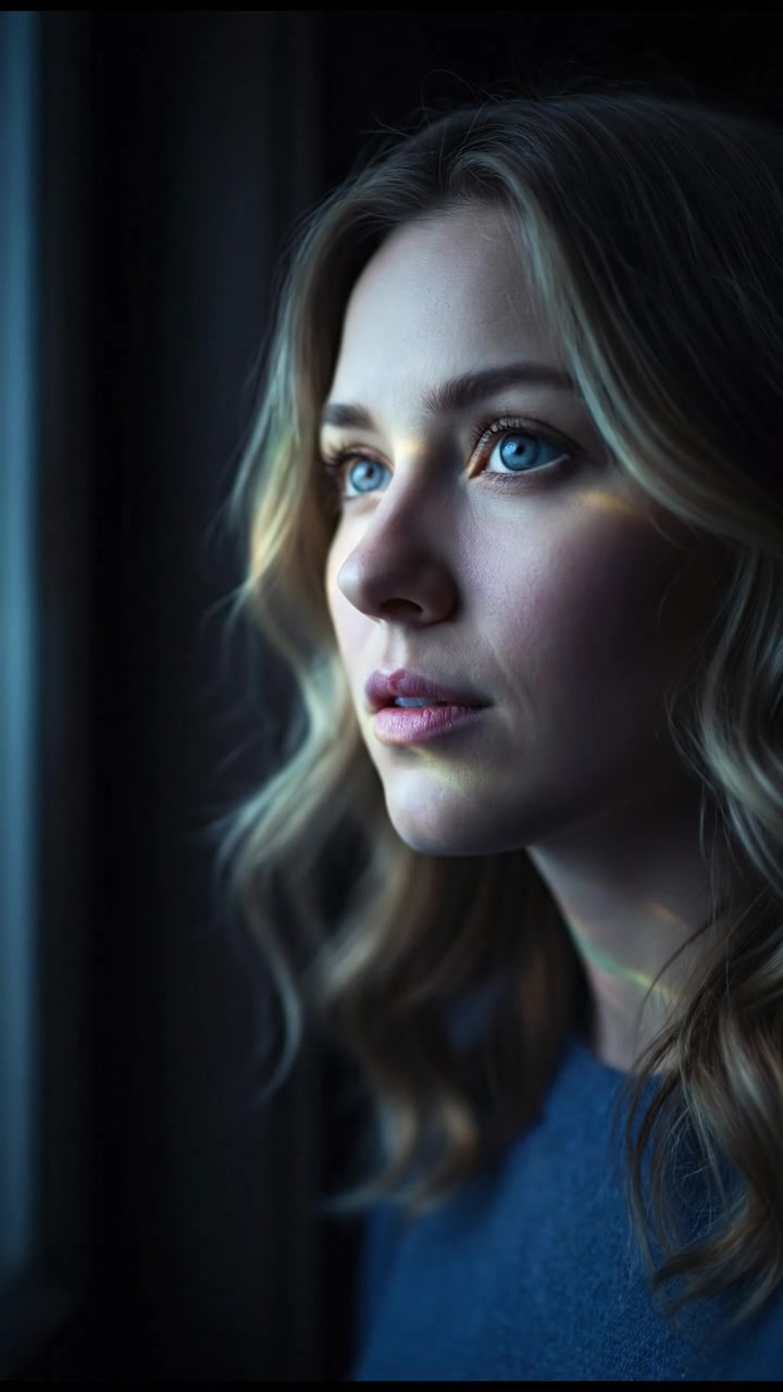 Ashley gazing out the window, looking pensive, with soft sunlight illuminating her face.