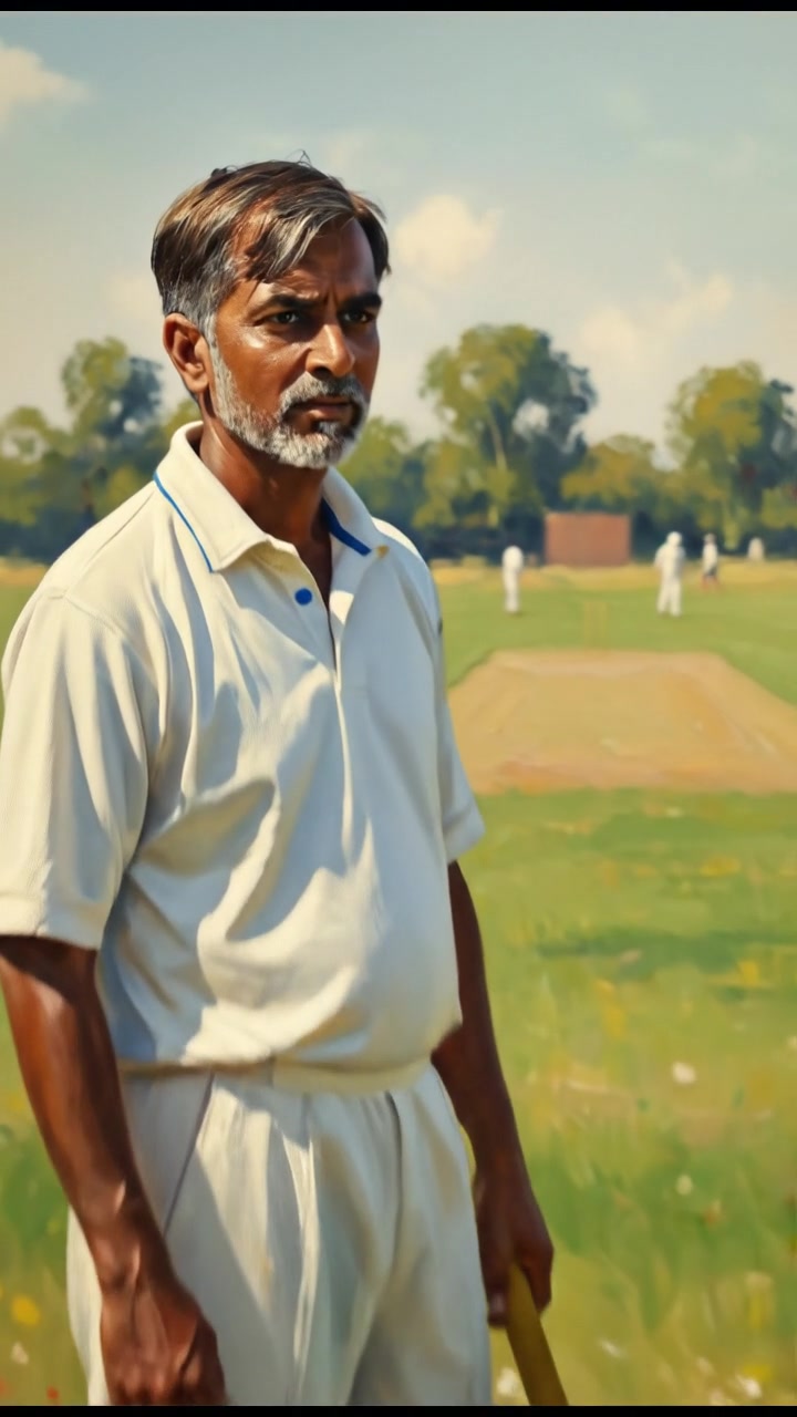 Raj standing on a cricket field, holding a cricket bat and gazing at the pitch.