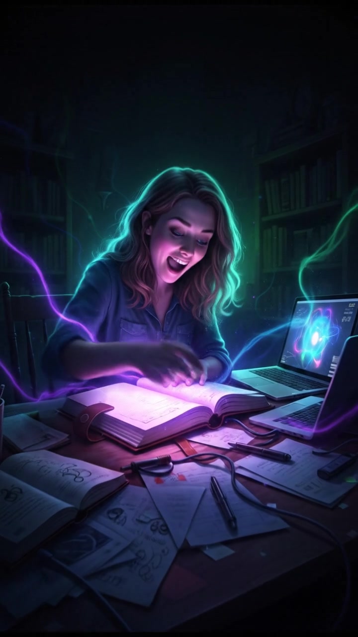 Ashley sitting at a desk cluttered with notebooks and a laptop, looking excited as she writes notes.