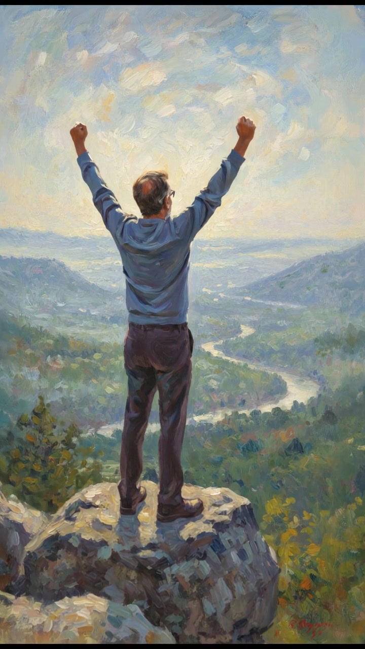 Raj standing confidently on a rock ledge, looking out over the valley, arms raised high.