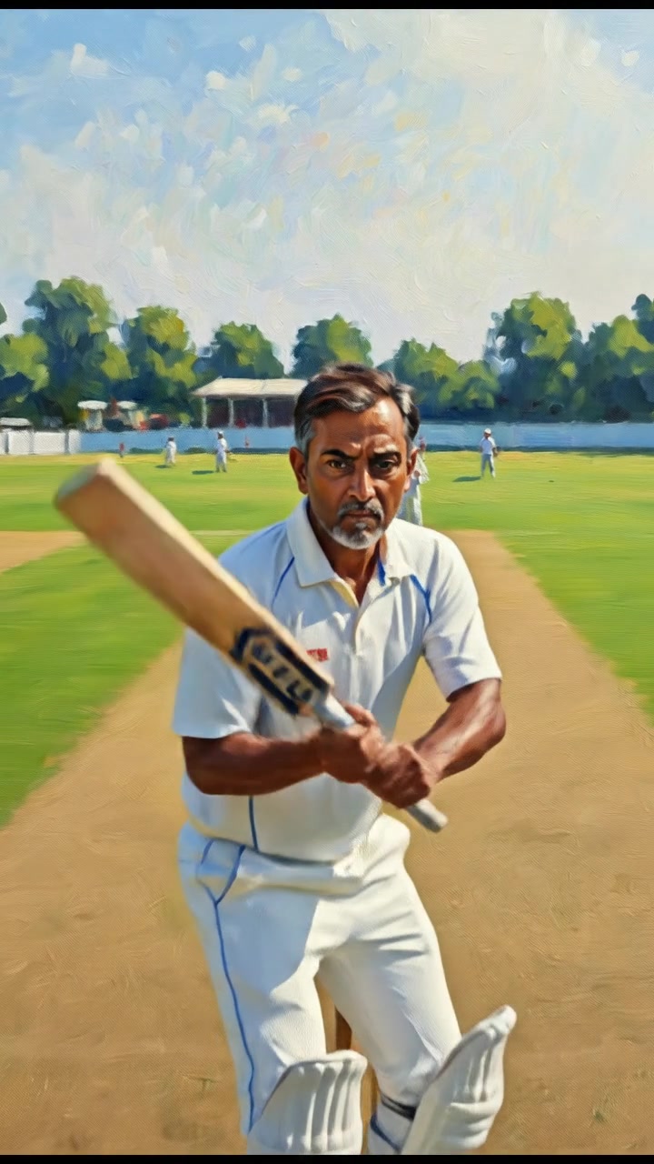 A close-up of Raj holding a cricket bat, with a cricket field in the background.