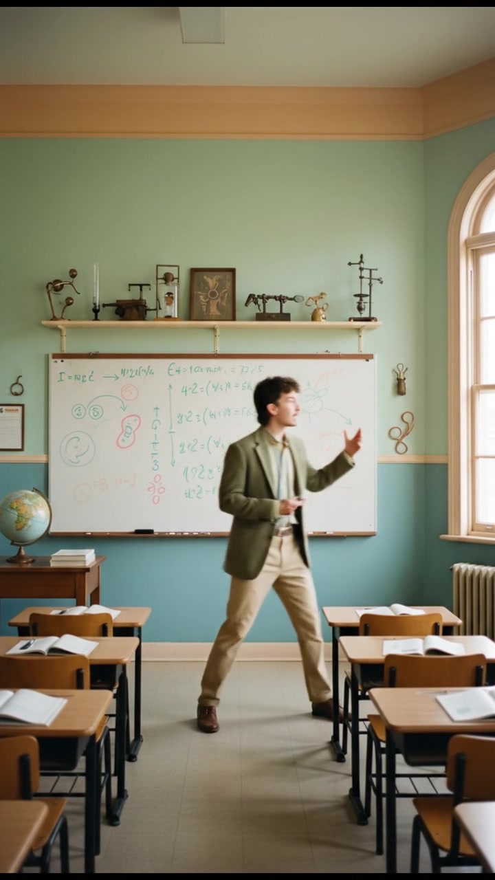 The Mateo stands in front of a whiteboard filled with scientific diagrams, holding a marker in a classroom.