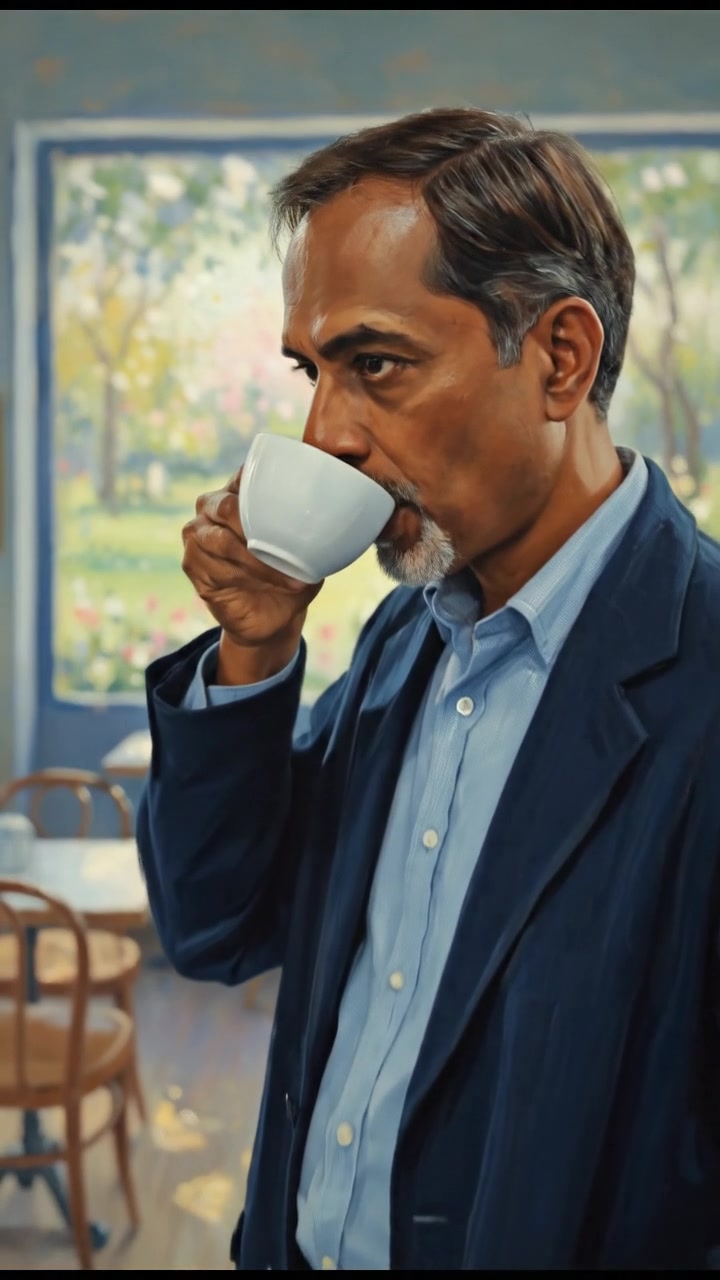 Raj stands in a quiet cafe, looking thoughtful while sipping coffee.