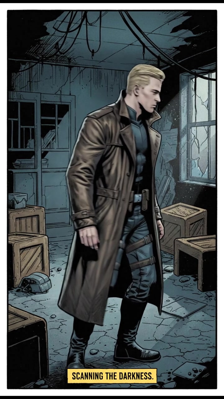 Ryan standing alert in a dimly lit room, scanning the shadows with a cautious expression.