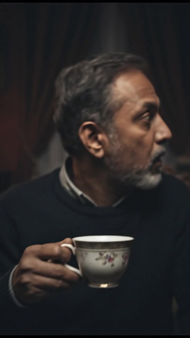 Raj, sitting on a couch in a dimly lit living room, looks surprised while holding a cup of tea.
