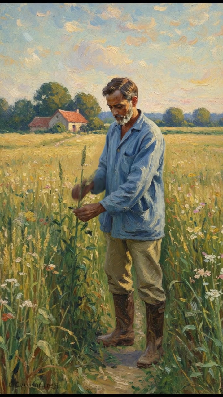 Raj standing in a field, examining crops, with a small farmhouse in the background.
