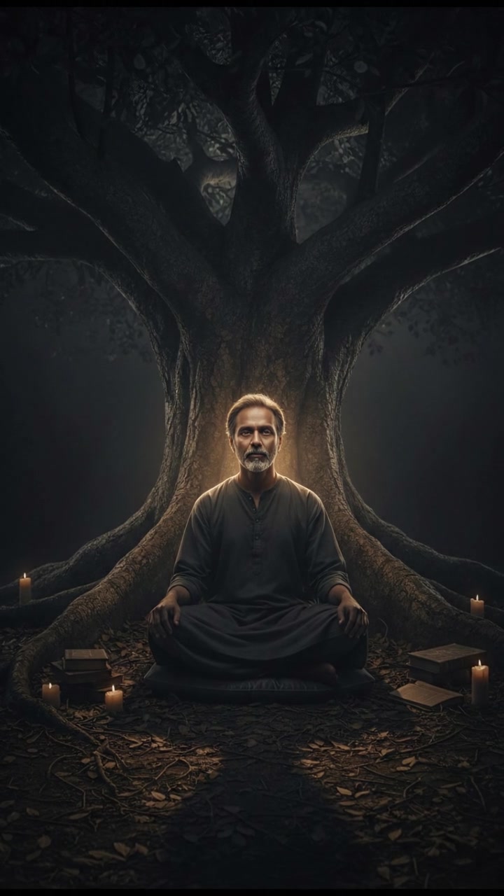 Raj sitting peacefully under a large tree, calm expression with gentle light surrounding him.