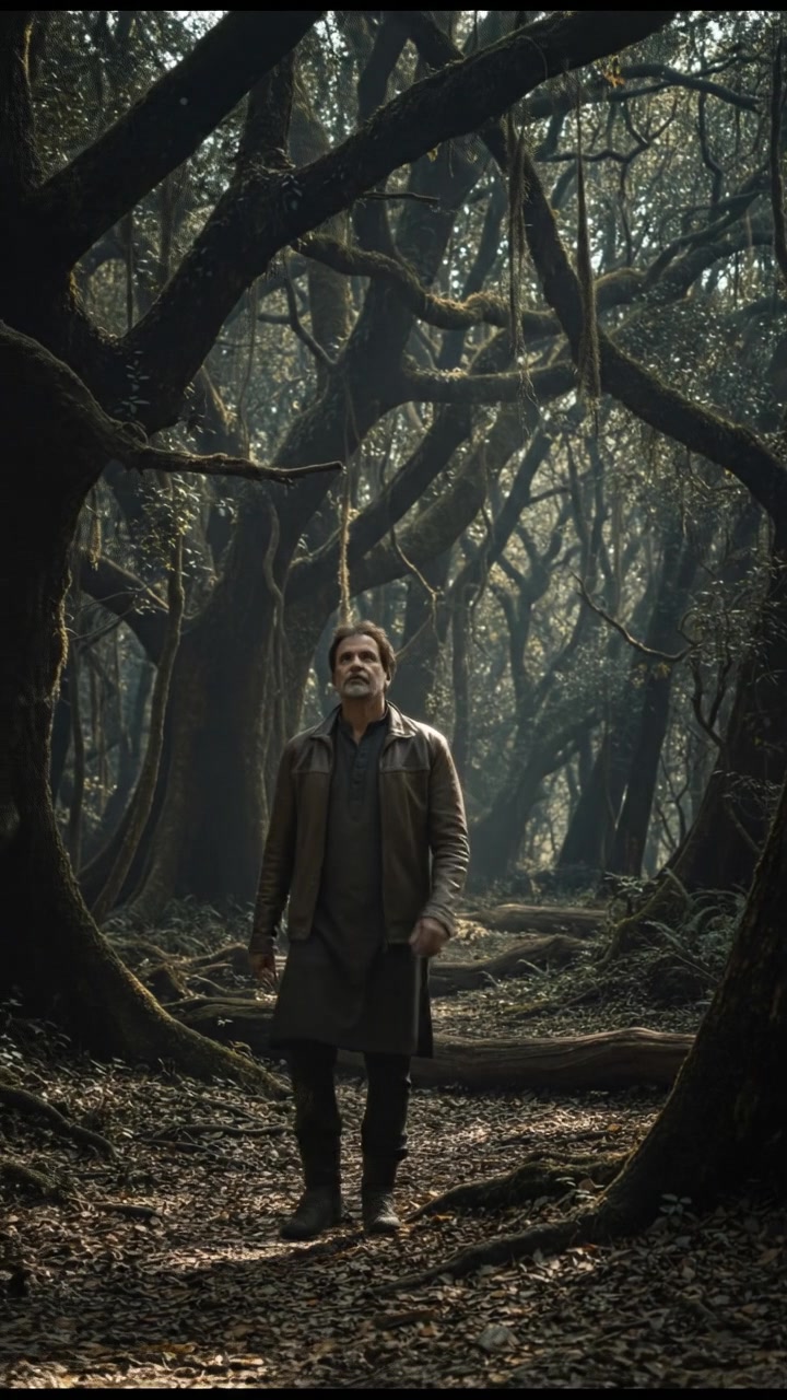Raj walking calmly through a dense forest, surrounded by tall trees and soft sunlight filtering through the leaves.