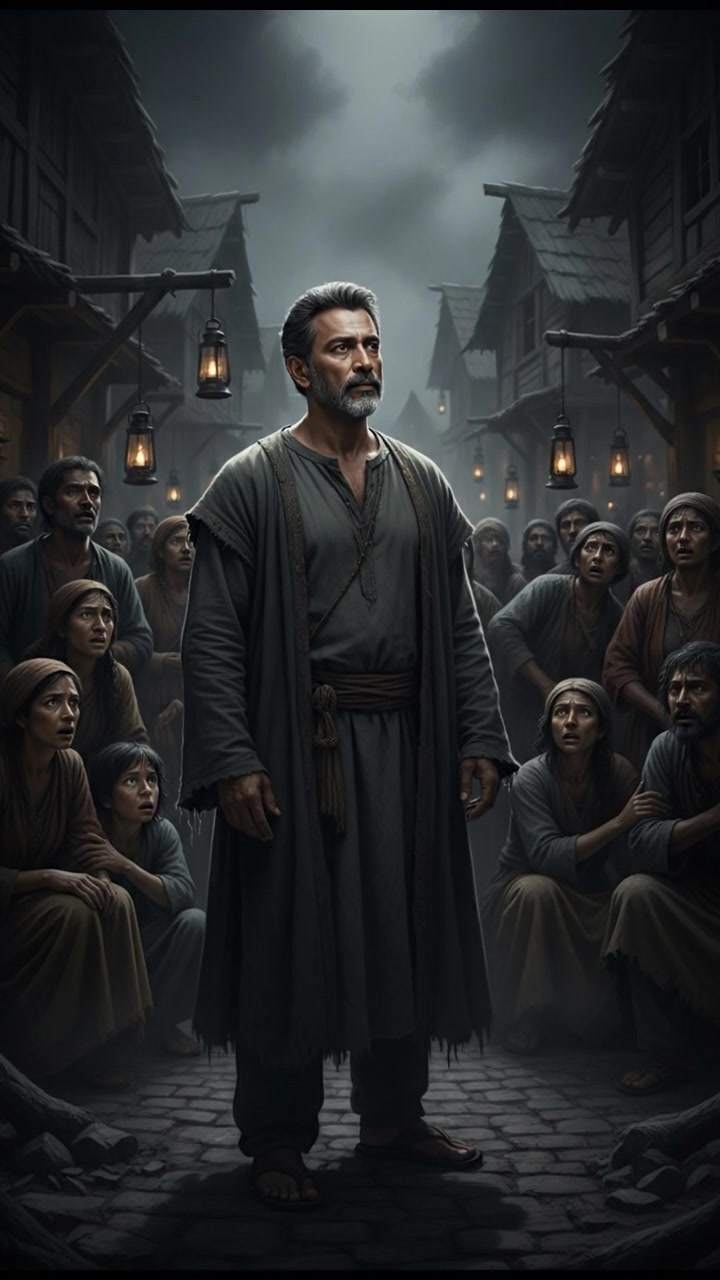 Raj standing confidently among frightened villagers, with a calm expression that shows his compassion.