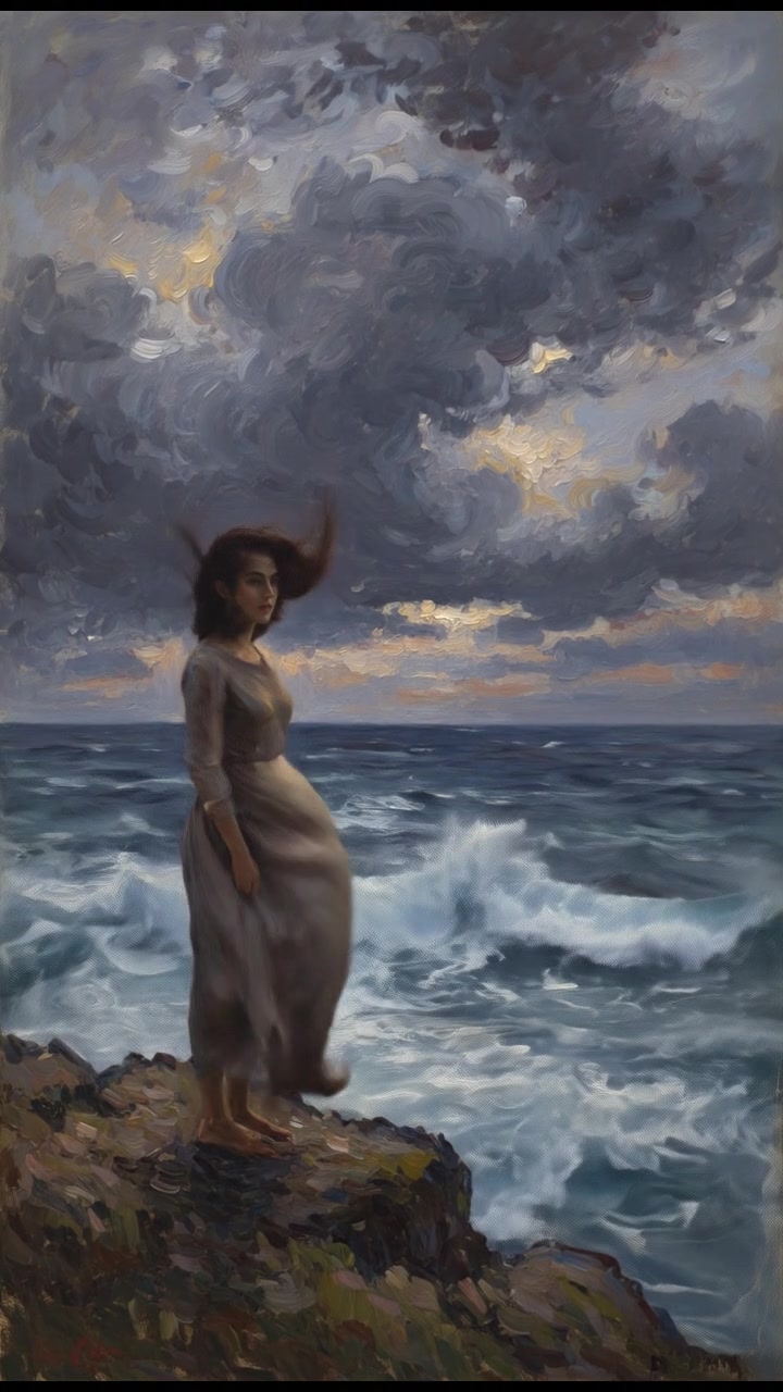 Monique standing on a rocky cliff, overlooking a stormy ocean with dark clouds gathering above.