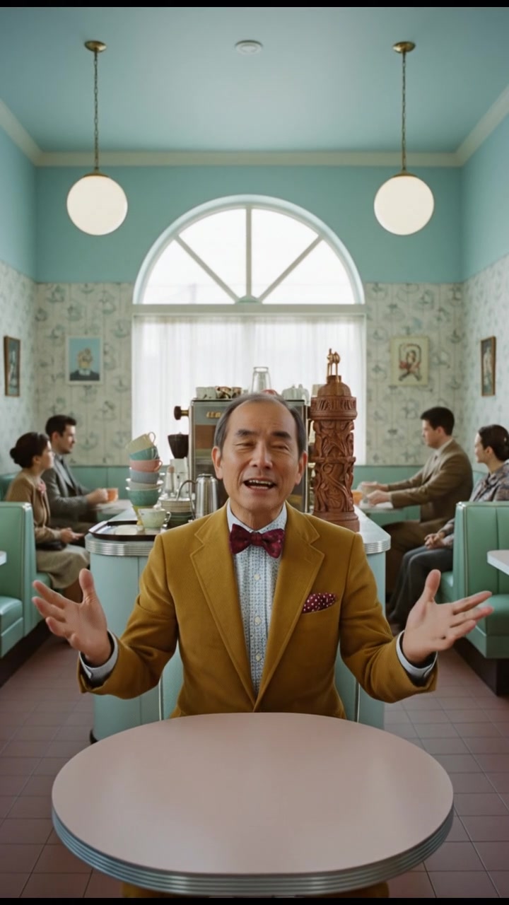 Hiro, excitedly gesturing with his hands, is speaking animatedly at the coffee shop.