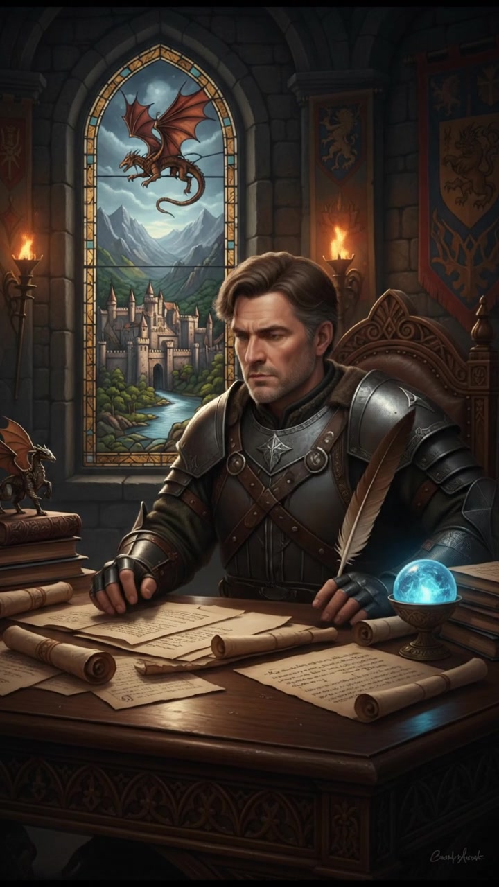 A close-up of Mark looking thoughtful while surrounded by papers on a desk in an office.