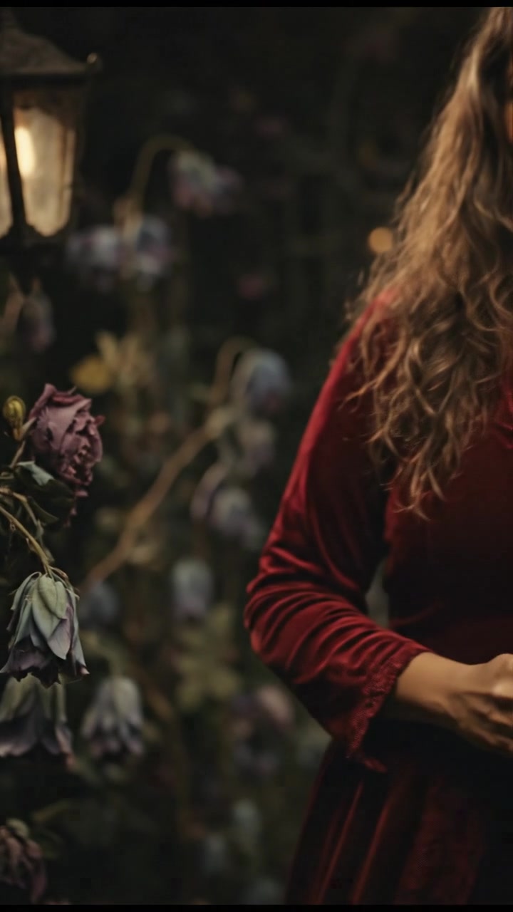 Asha standing in the garden, speaking happily in a foreign language, with flowers around her.