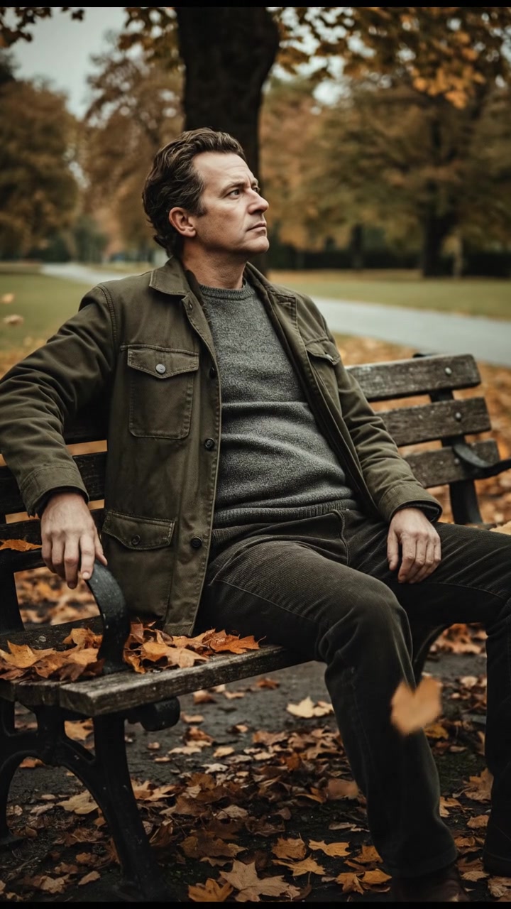 Mark sitting alone on a park bench, looking distant, with autumn leaves falling around him.