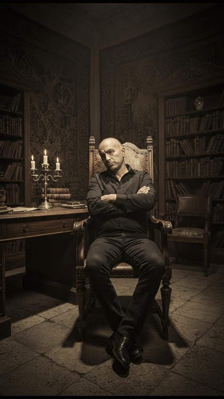 The Carlos leaning back in his chair, arms crossed, with a skeptical look in his eyes.