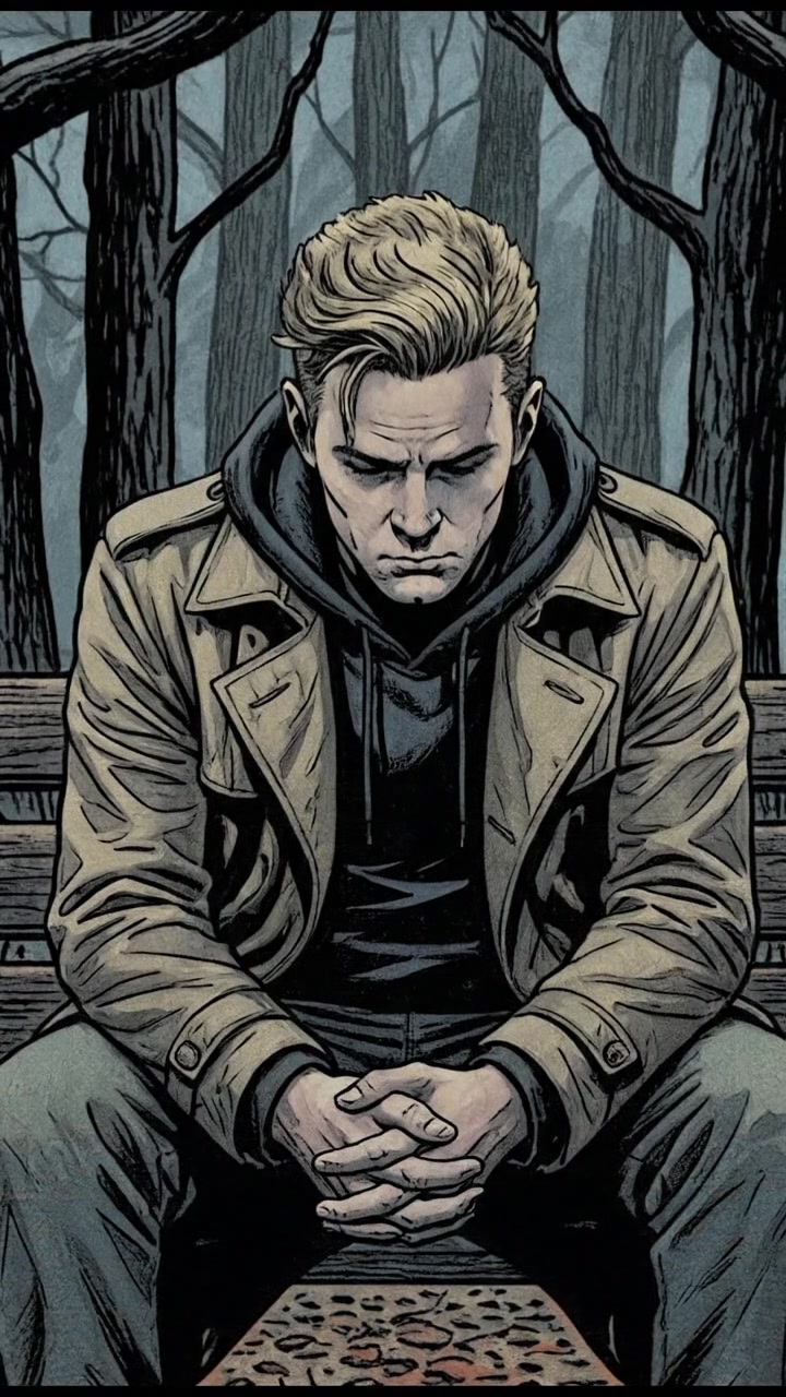 The Ryan sitting alone on a park bench, looking at the ground with a contemplative demeanor, trees and leaves in the background.