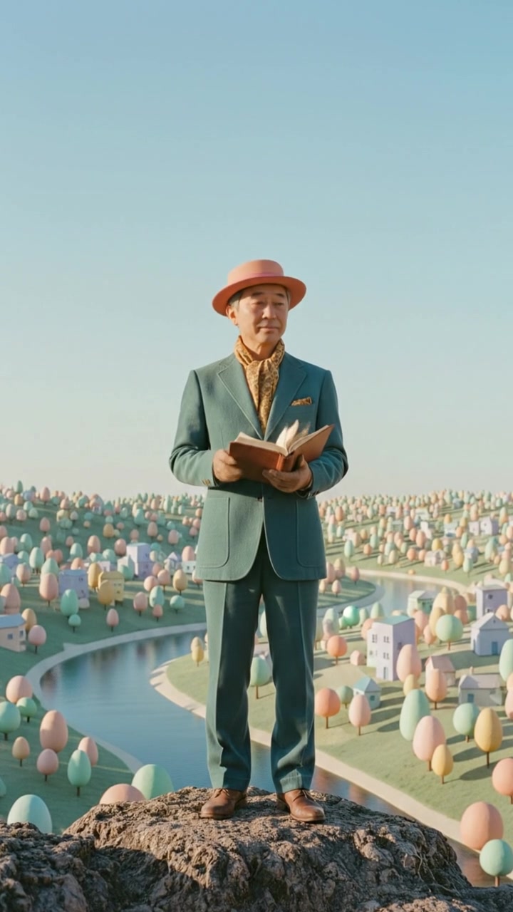 Hiro standing on a rocky cliff, overlooking a serene river valley under a clear blue sky.