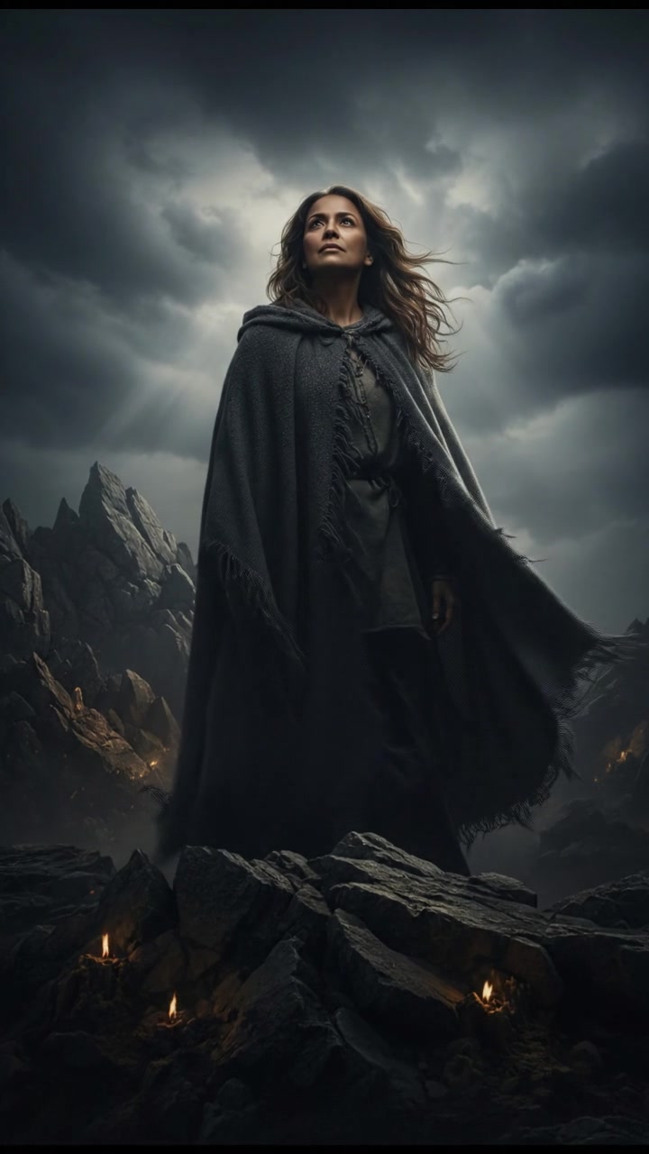 Asha standing on a rocky cliff, wind blowing, her gaze directed towards the sky.