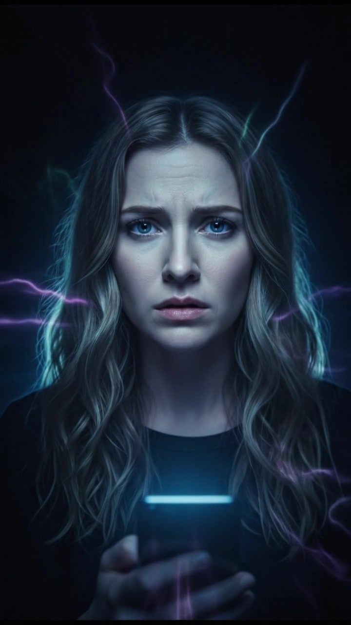 A close-up of Ashley looking concerned, standing in a dimly lit room with a phone in her hand.