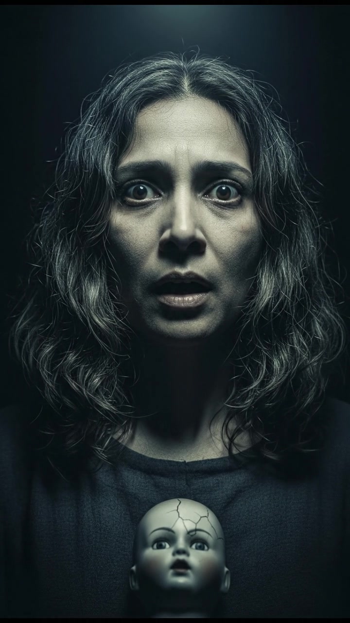 A close-up of Asha’s face showing shock and fear as she hears the doll's voice.