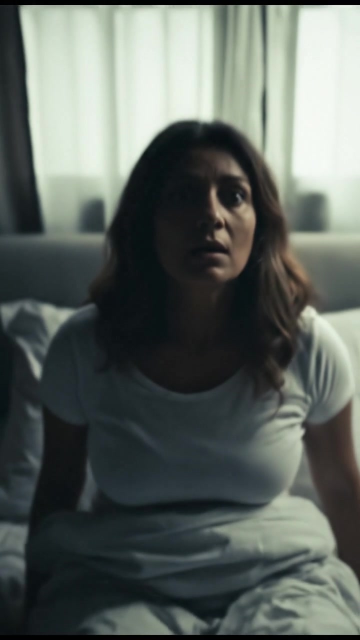 A close-up of Asha waking up, startled in bed with wide eyes.