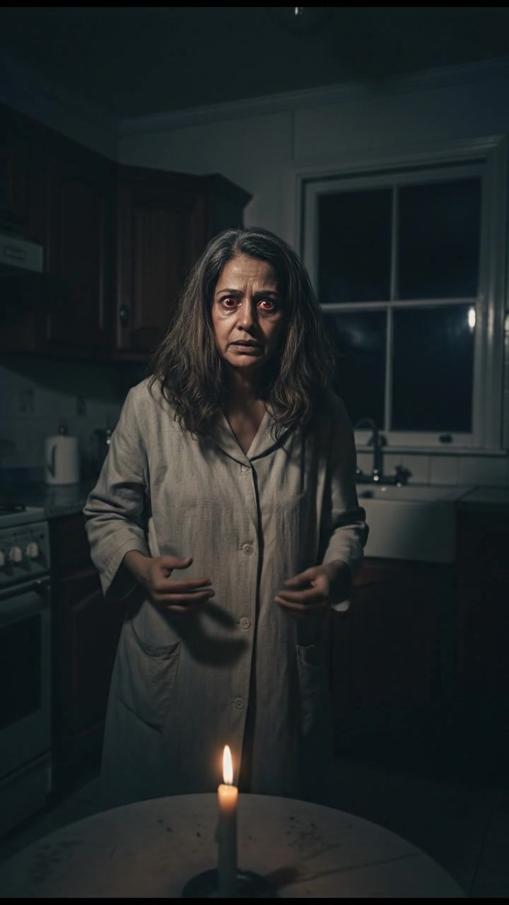 Asha with red eyes, standing in the kitchen, looking distressed.