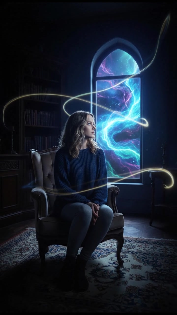 A cozy room with Ashley sitting on a chair, looking thoughtfully out a window at the outdoors.