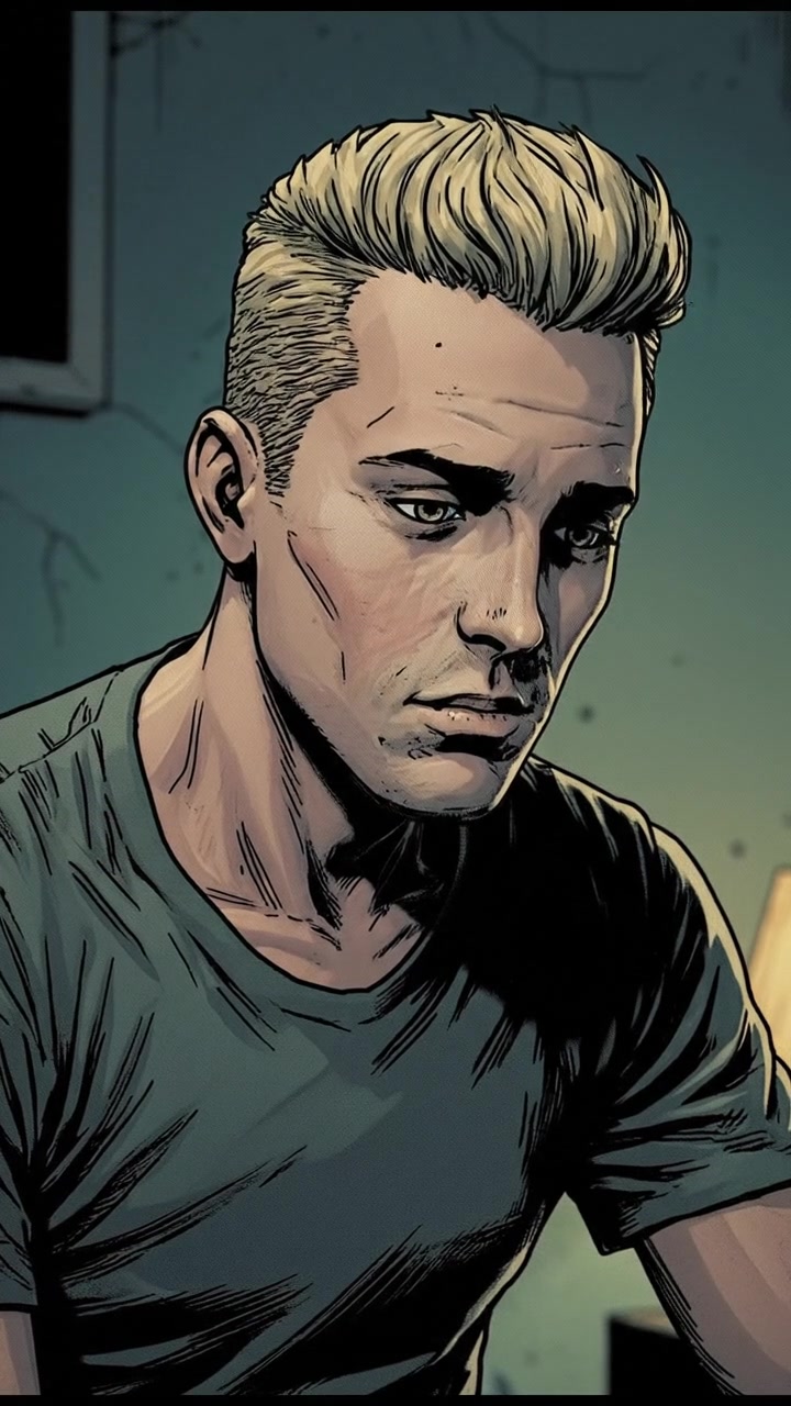 A dimly lit bedroom with Ryan sitting on the edge of the bed, looking exhausted and lost in thought.