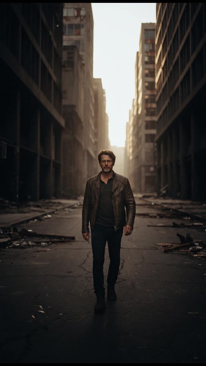A desolate street where Mark walks, with shadows of buildings looming over him.