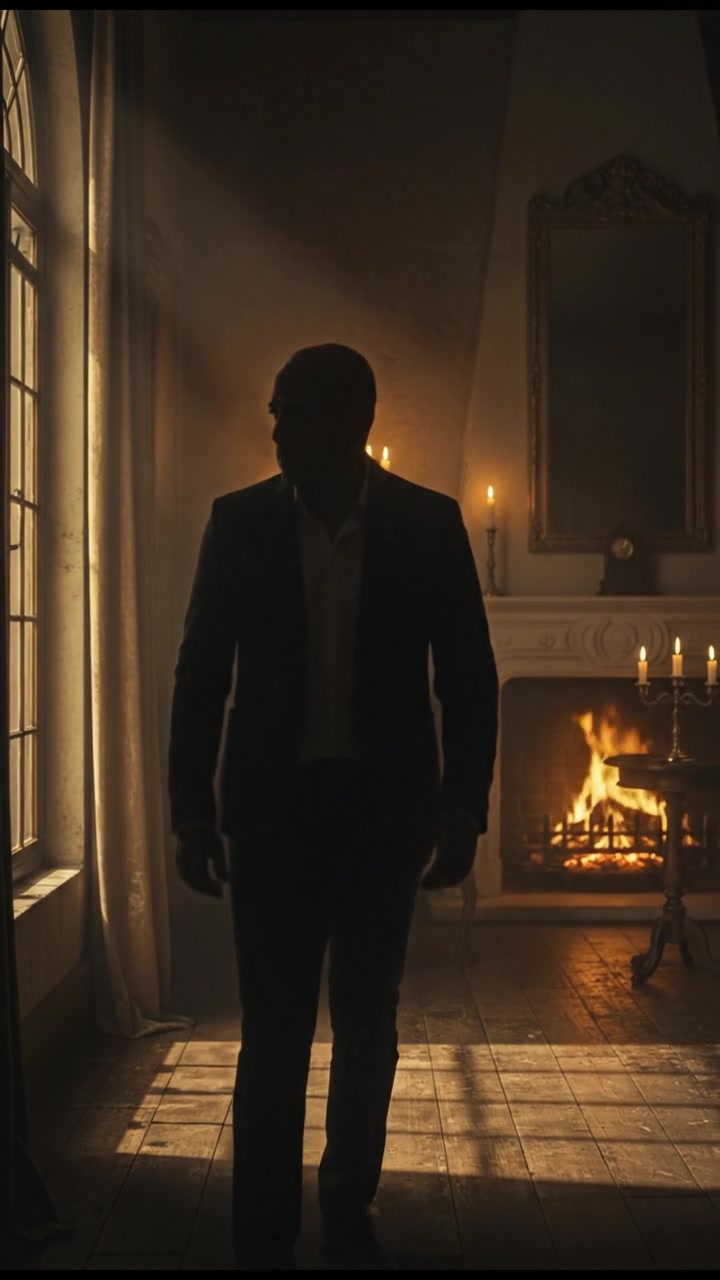 Carlos standing near a window, looking nervous as the room is enveloped in a warm glow.