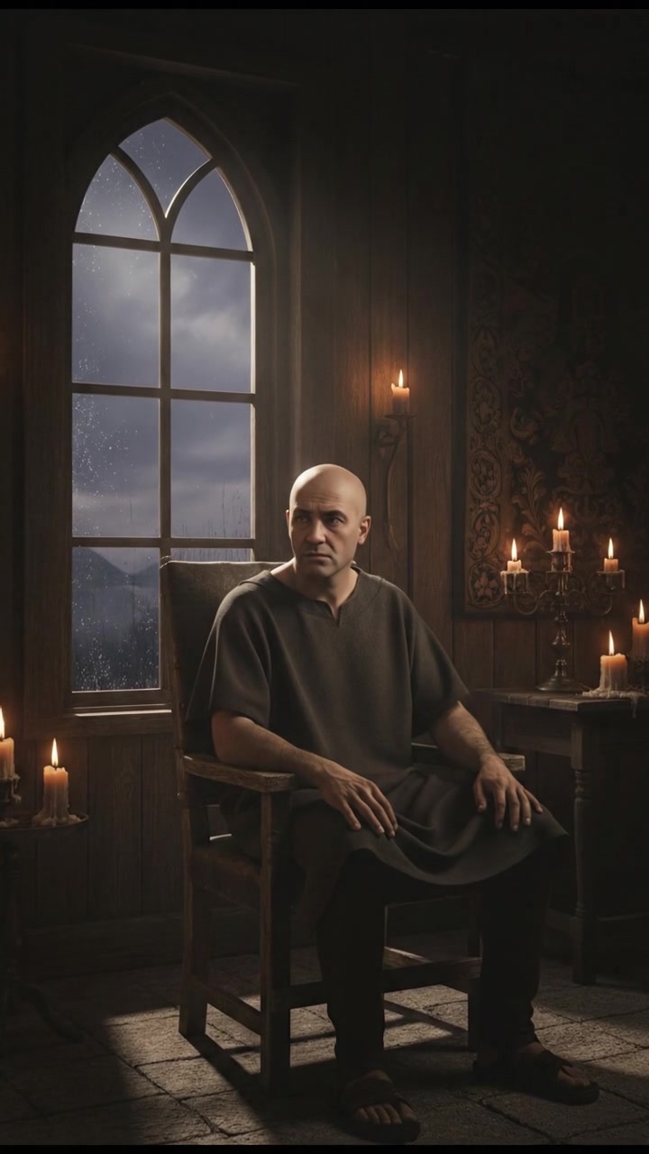 Carlos sitting on a chair with a troubled expression, looking out of a window.