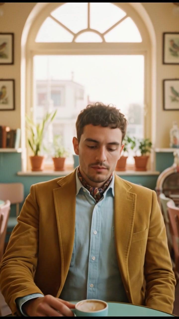 The Mateo sitting at a café table, staring thoughtfully at a coffee cup.