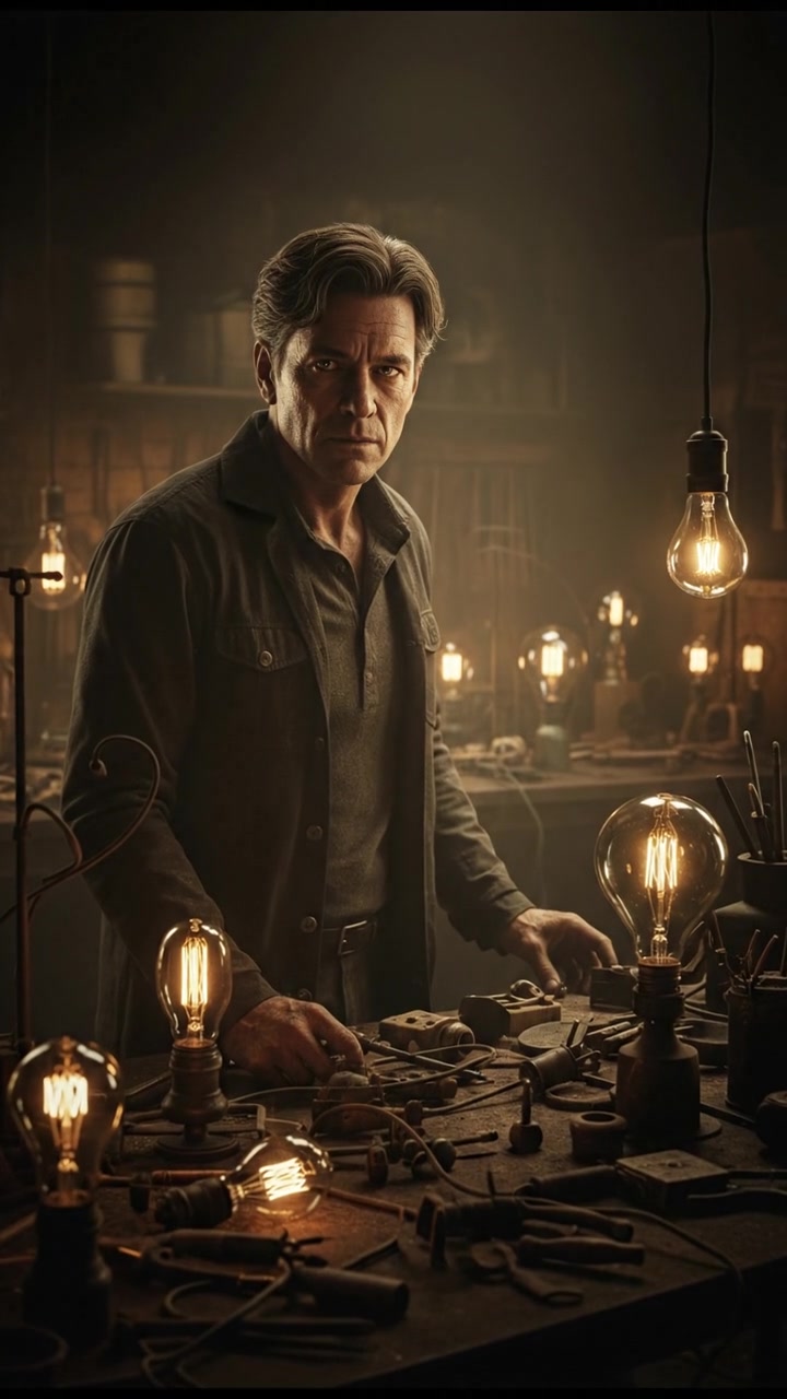 Mark in a dimly lit workshop, surrounded by various light bulb prototypes on a cluttered workbench.
