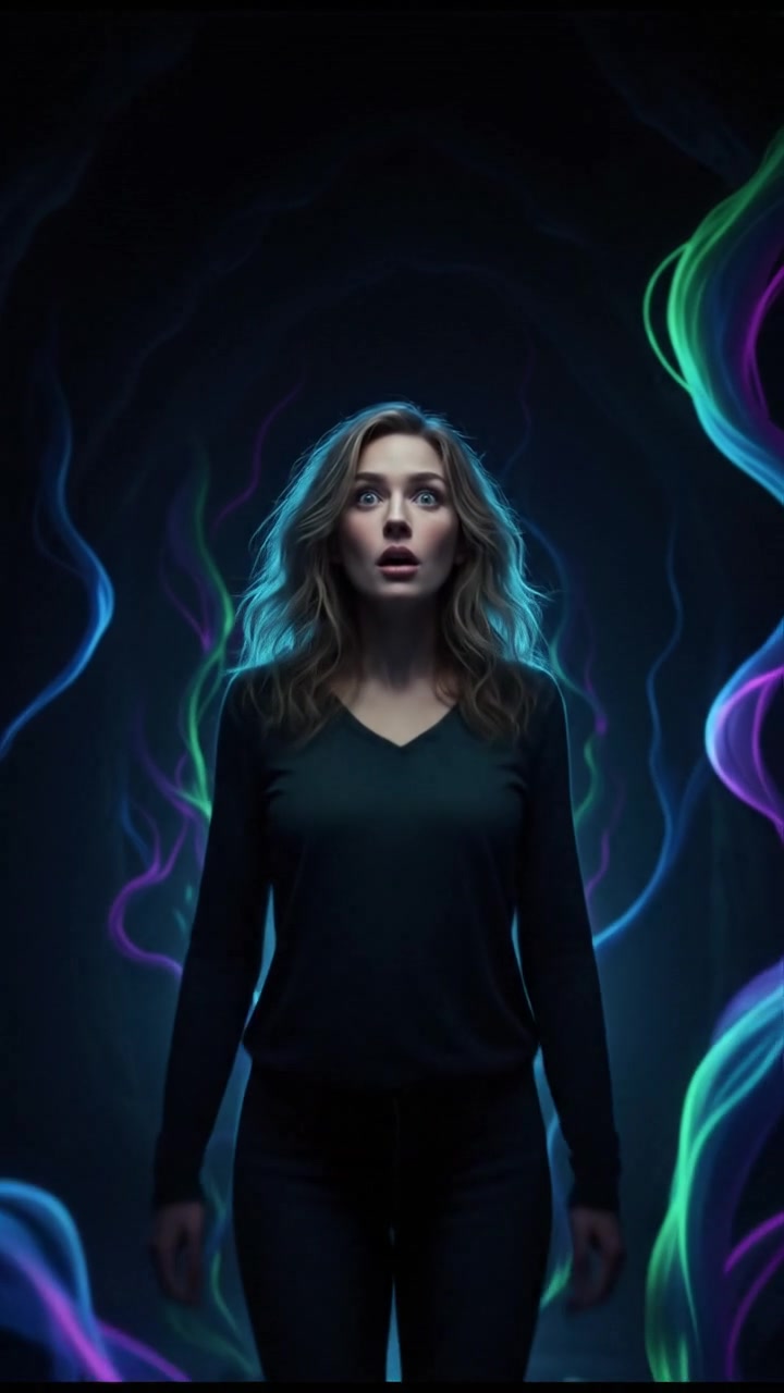 Ashley, with a surprised expression, stands in a dimly lit room, surrounded by shadows.