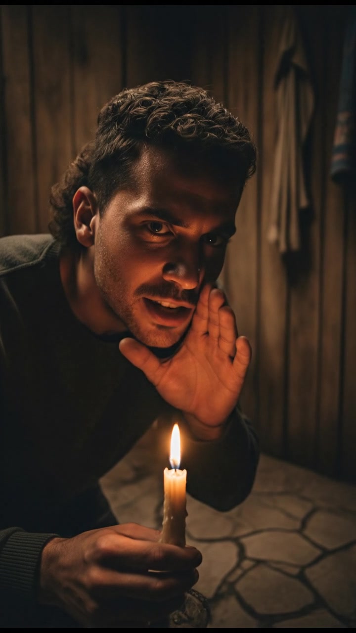Mateo whispering with intense focus, his face illuminated by a candle.
