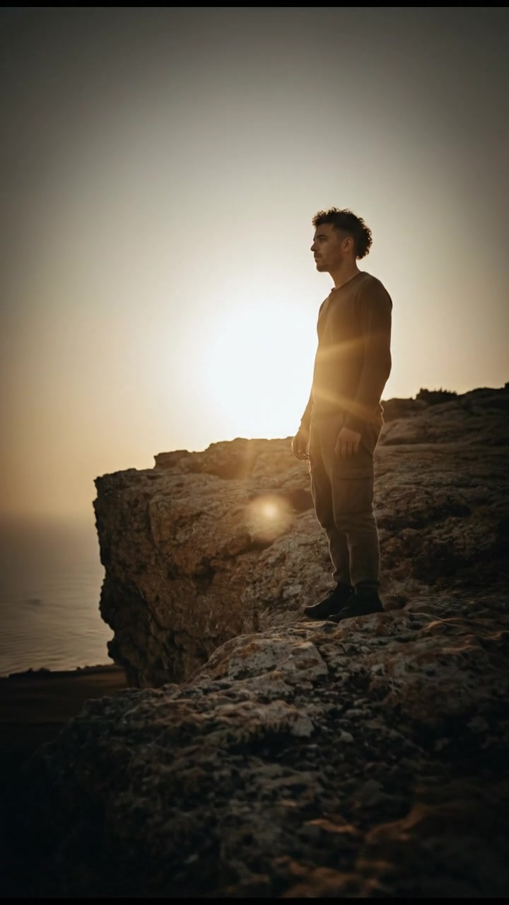 Mateo standing alone at the edge of a cliff, looking out at the sunset.