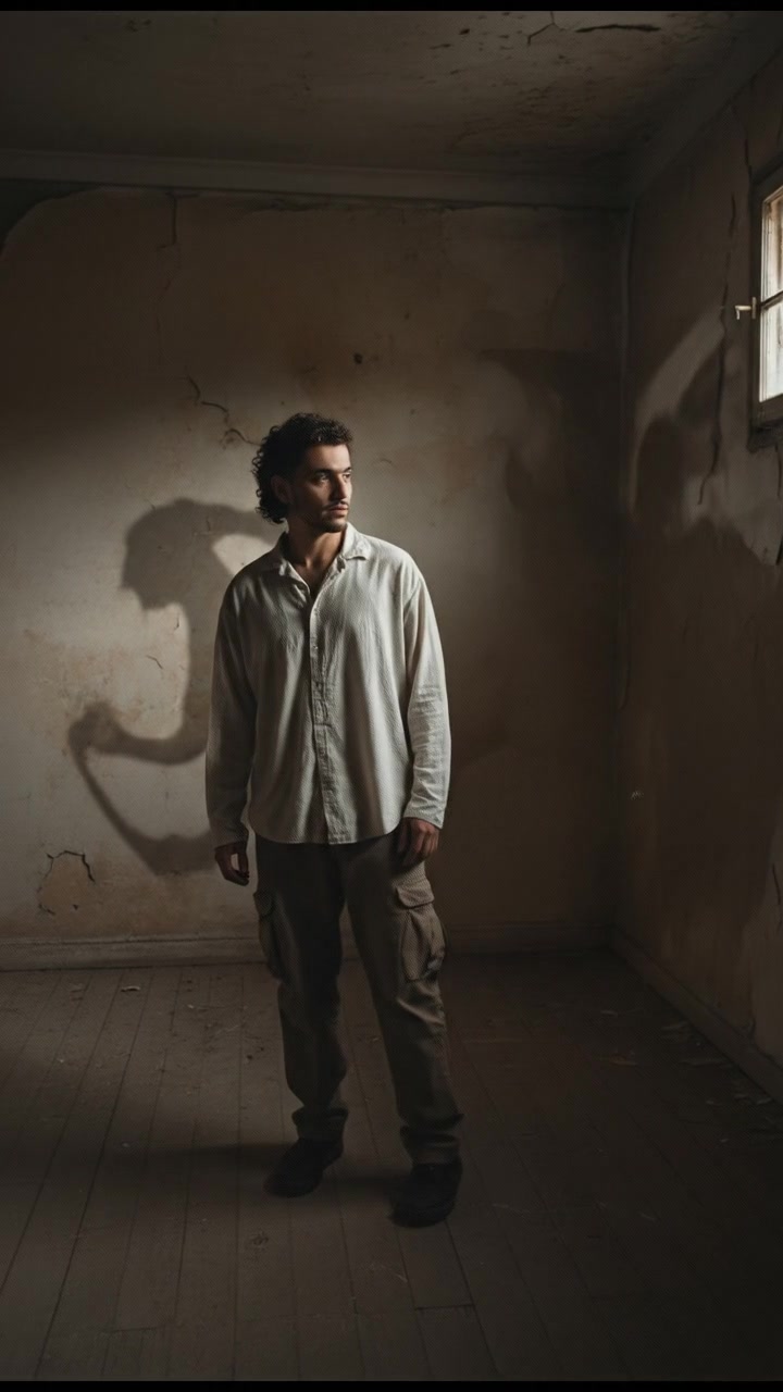 A dark, empty room with Mateo standing, shadows casting monstrous shapes around him.