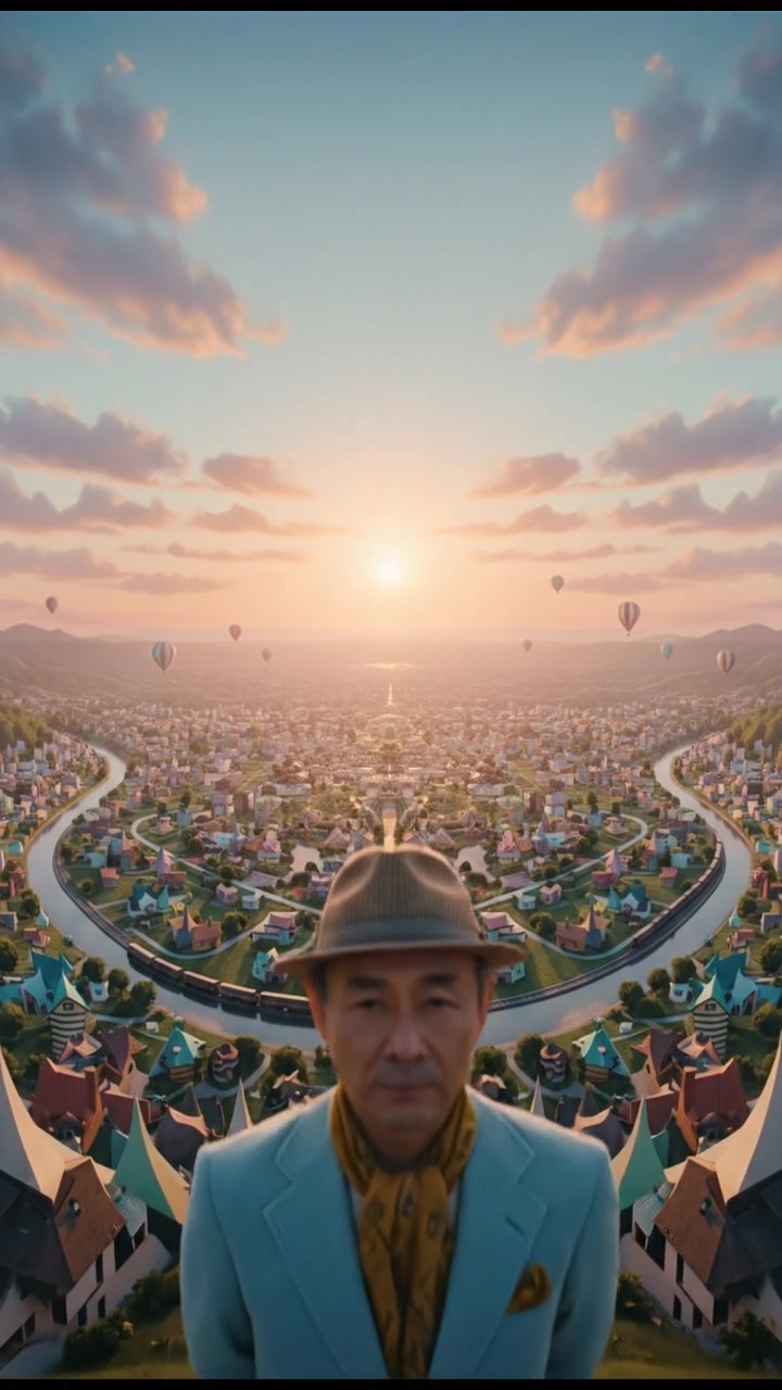 Hiro stands alone on a hilltop, gazing out over a vast valley at sunset.