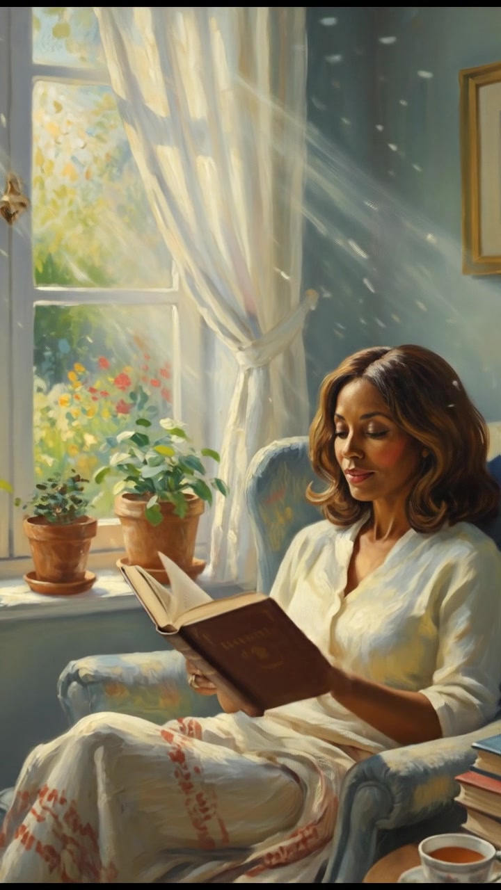 Monique holding a book in a cozy reading nook, sunlight streaming through a window.