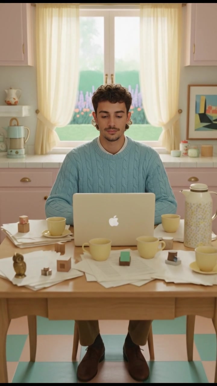 Mateo sitting at a kitchen table with a laptop open, surrounded by papers and coffee.