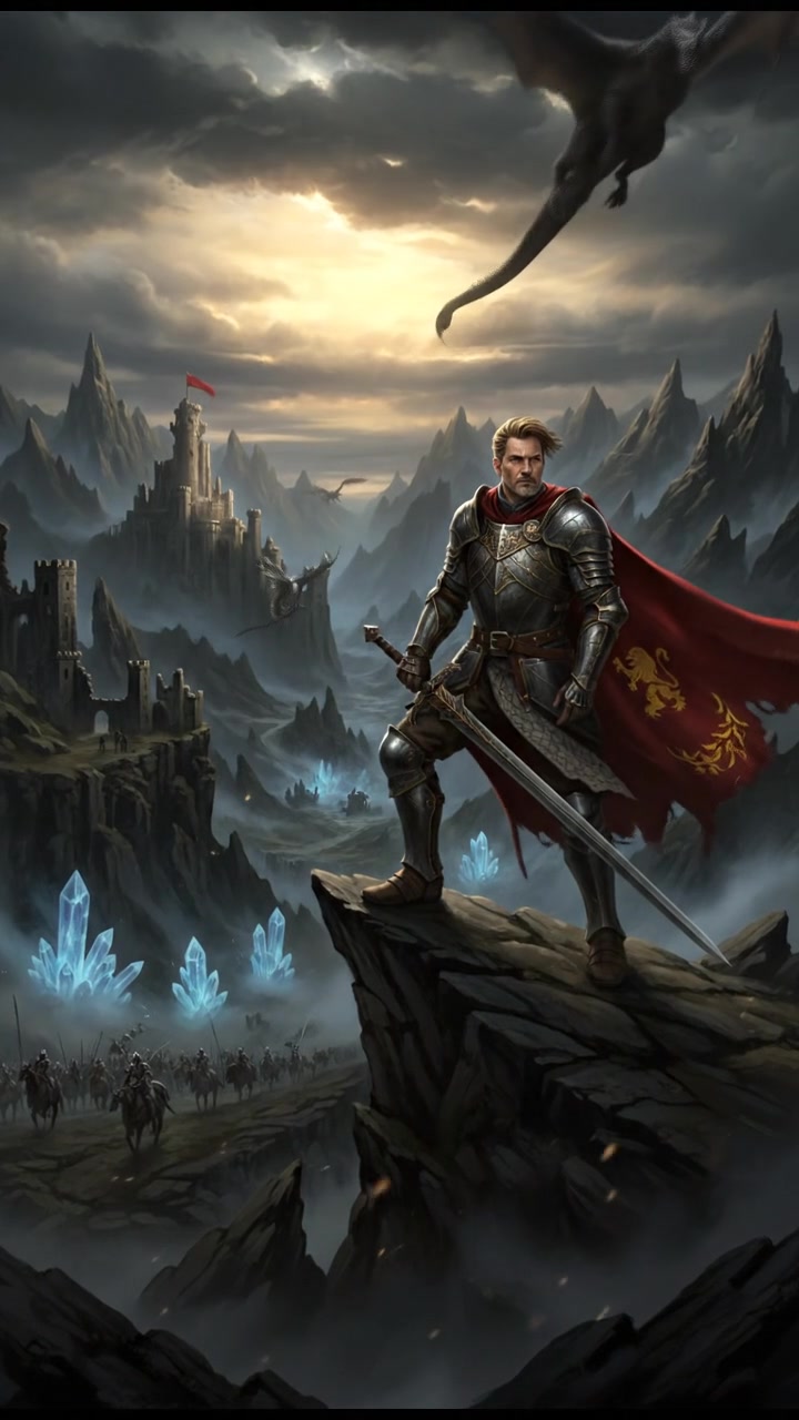 Mark standing on a mountain peak, looking out over a vast, chaotic landscape of rocky terrain.