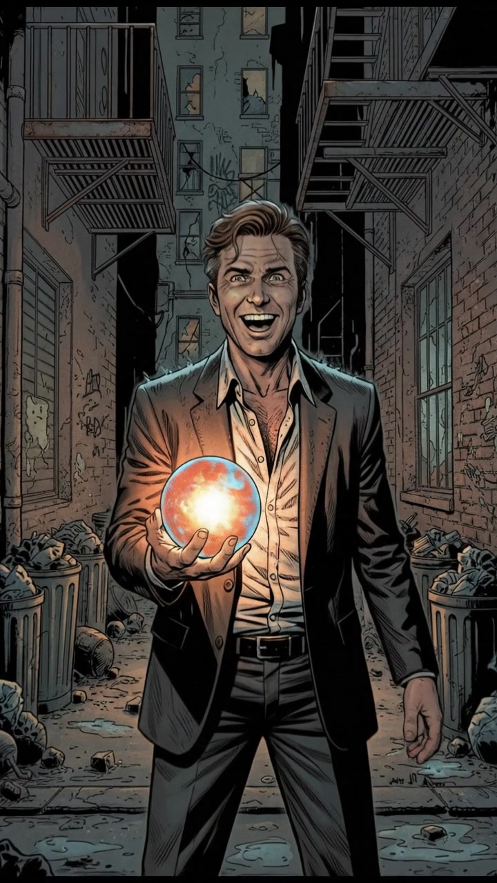 Mark standing in an alley, holding a glowing orb with wild excitement.