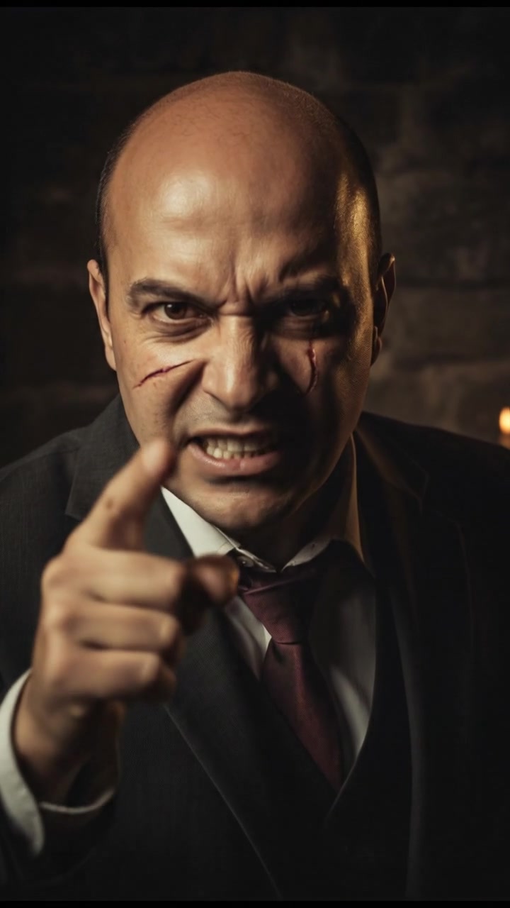 Carlos speaking, his face stern and threatening, with a dark, shadowy background.