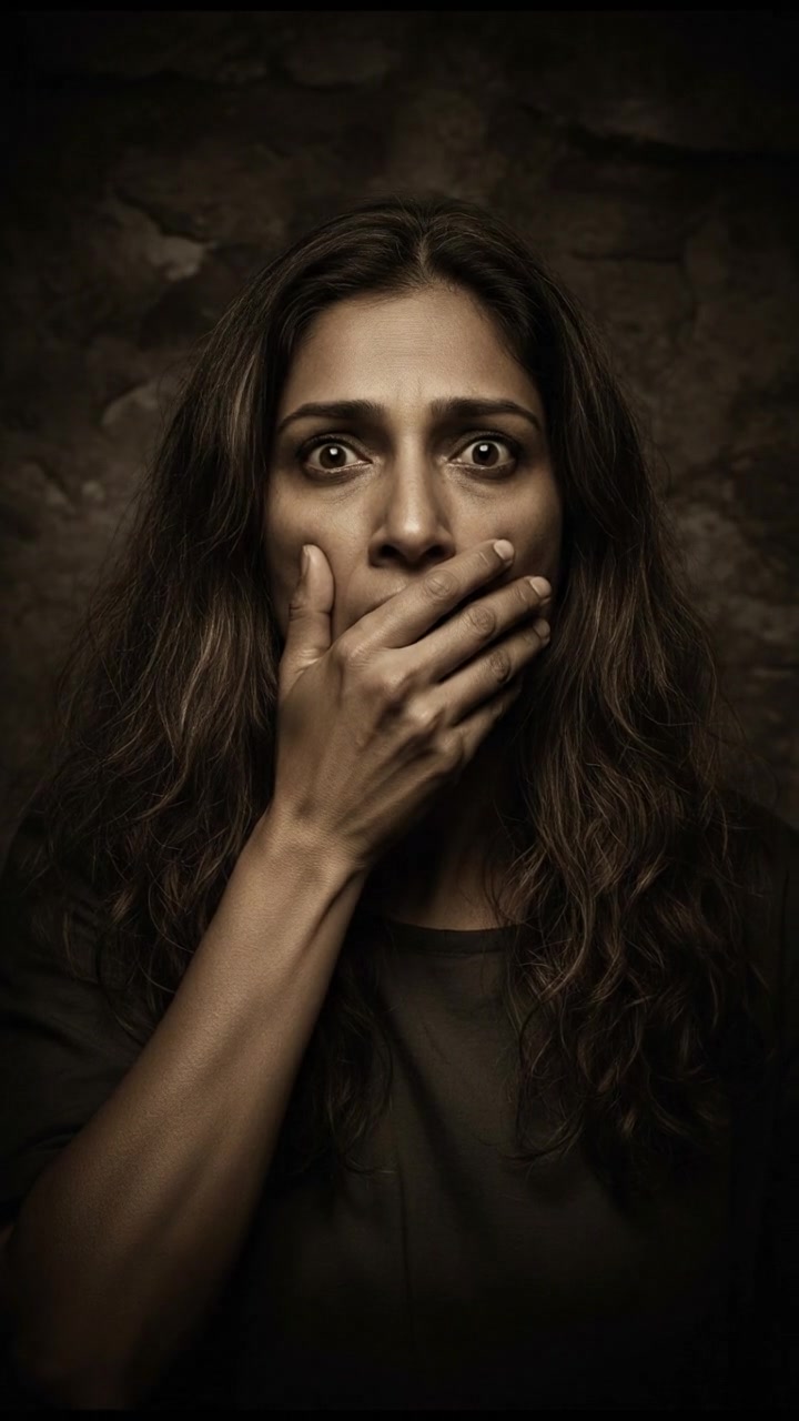 A close-up of Asha with wide eyes and a hand on her mouth, displaying her fear.
