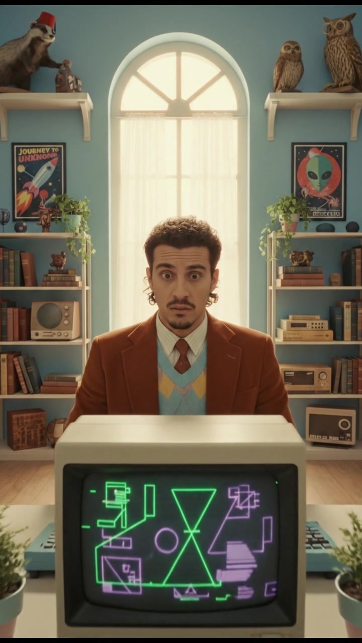 The Mateo sitting at a computer, looking at the screen with a perplexed expression.